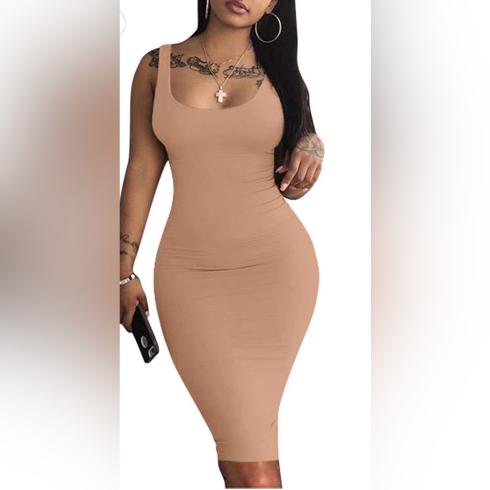 Tan/Camel Sexy Bodycon Midi Sleeveless
Dress Large